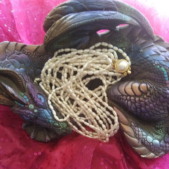 7 strand rice pearls necklace  gold tone round box clasp with Faux pearl - Picture 15 of 16